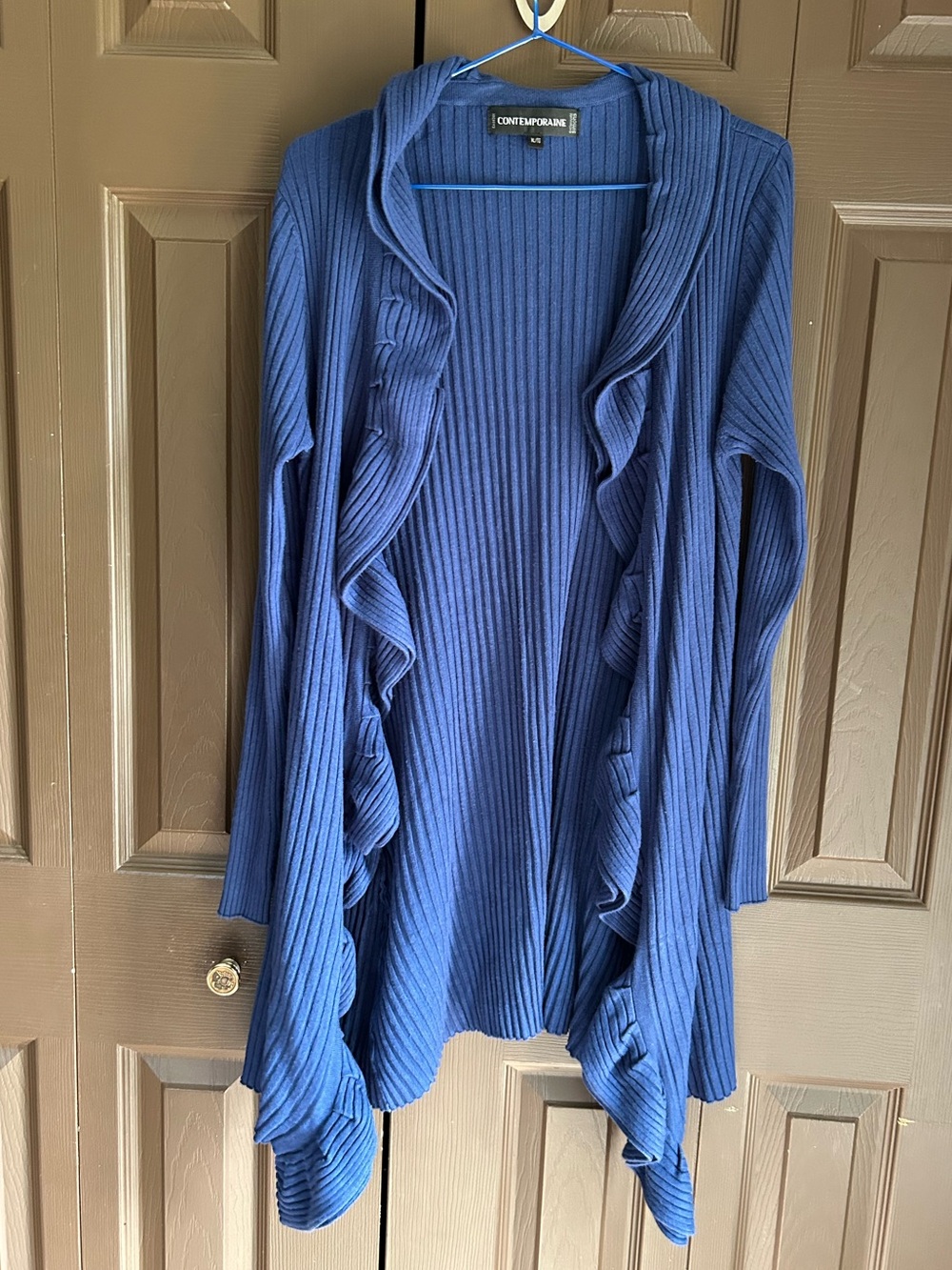 Simons Contemporaine Blue Ruffled Open-Front Ribbed Cardigan - Picture 5 of 10